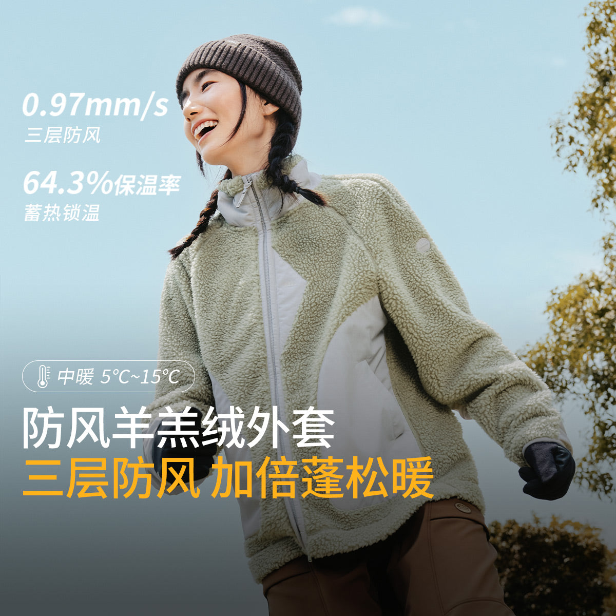 蕉下女士防风羊羔绒外套常规款中暖款PO89024保暖百搭外套女款